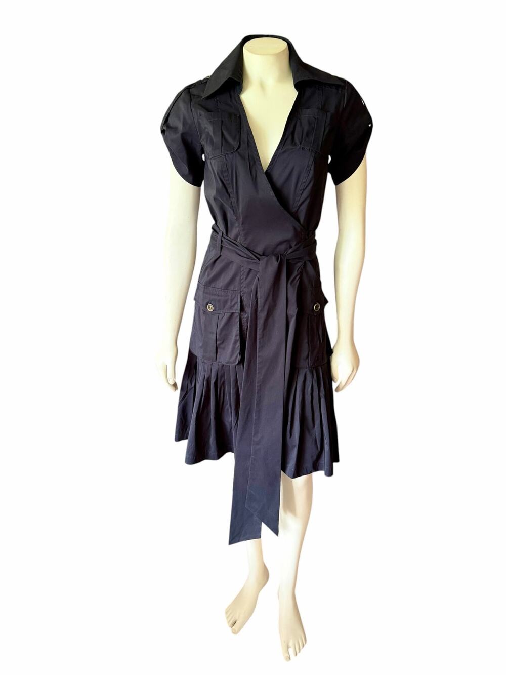 Diane von Furstenberg DVF Utility Wrap Dress Black Size 4 Belted Pleated Pockets